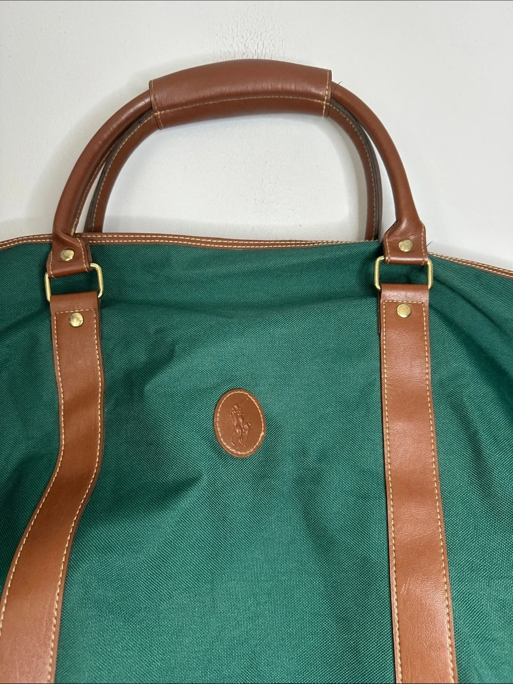 Ralph Lauren Green Canvas Weekender Bag with Brown Faux Leather Trim
